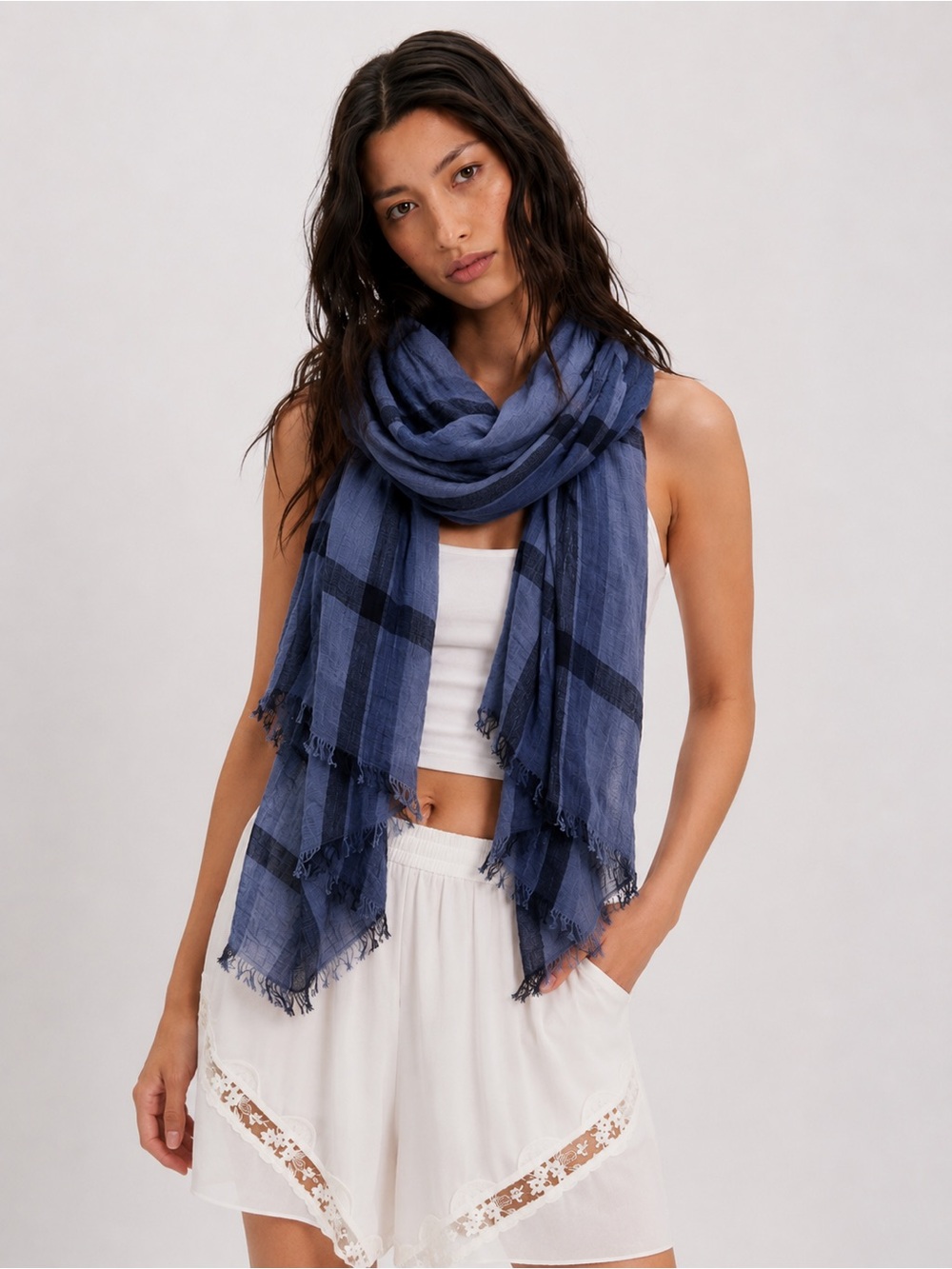 Universal Thread Dark Blue Plaid Lightweight Fringe Scarf | Soft Gauzy Wrap